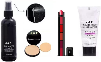 J & F Face Compact Powder, 5 in 1 Red Lipstick,Fixer Spray,Primer(4 Items in the set)