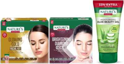 Nature's Glowing Gold Facial Kit (60g) Brightening Diamond Facial Kit (60g) Moisturising Aloe Beauty Gel (150g)(3 Items in the set)