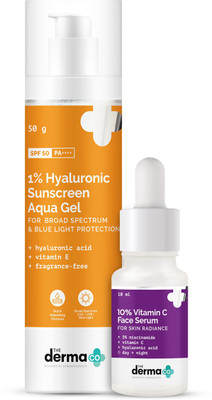 MamaEarth Glow & Protect Combo – 10% Vitamin C Face Serum (30 ml) + 1% Hyaluronic Sunscreen Aqua Gel (50 g) (2 Items in the set)