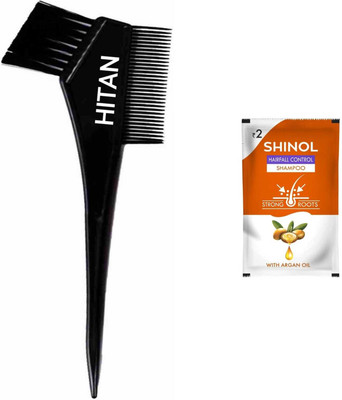 HITAN 2 IN 1 HAIR DYE BRUSH AND RCM SHINOL HAIR FALL CONTROL SHAMPOO POUCH(2 Items in the set)