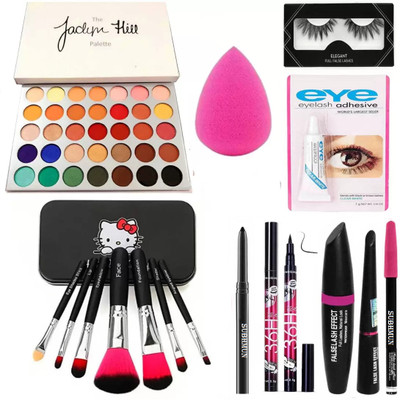 SUBHMUN Kajal & Puff & 3in1 36H Eyeliner, Jaclyn Hill Eyeshadow & 7pc Makeup Brush & Eyelash, Glue(7 Items in the set)