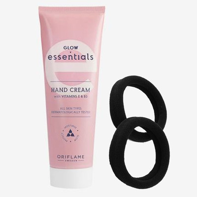 Oriflame ESSENTIALS Glow Essentials Hand Cream with Vitamins E & B3 75 ml with Hair Ponytail , Highly Elastic Black Rubber Bands 2 piece(3 Items in the set)