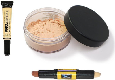 Dhanmann Look Yellow Color Corrector Concealer With Loose Powder & Contour Stick Combo(3 Items in the set)