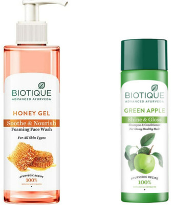BIOTIQUE Honey Gel Face Wash 200 ML & Green Apple Shampoo 120 ML (2 Items in the set)