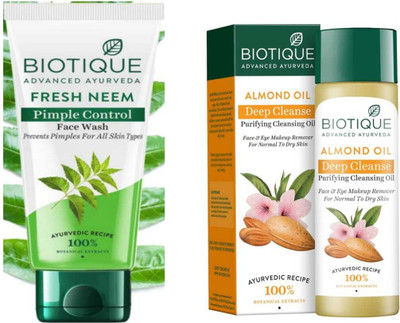 BIOTIQUE FRESH NEEM FACE WASH 150ML & ALMOND OIL MAKEUP REMOVER 120ML(SKIN CLEARING KIT ) |FOR ALL SKIN TYPE |(2 Items in the set)