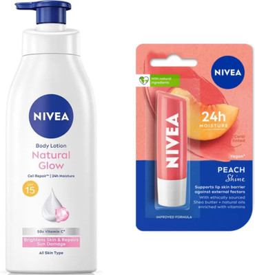 NIVEA NATURAL GLOW BODY LOTION 400 ML & PEACH SHINE LIP BALM 4.8G(2 Items in the set)