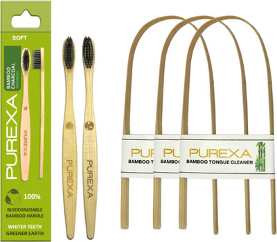 PUREXA Bamboo Charcoal Toothbrush With 3 Bamboo Tongue Cleaner Extra Soft Toothbrush(5 Items in the set)