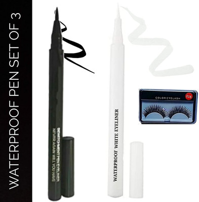 CRAZYHUDA White Eyeliner Pen With Black Eyeliner & Eyelashes(3 Items in the set)