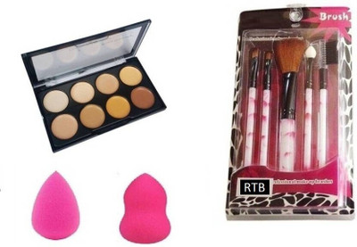 RTB Combo of Make up Brush Set of 5 And 8 Shades contour & Two Blender Puff(4 Items in the set)