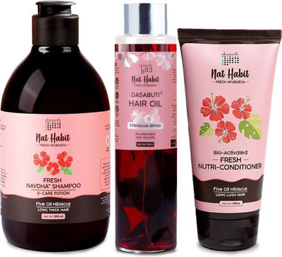 Nat Habit Hibiscus Hair Oil, Shampoo and Conditioner Combo | 3-in-1 Complete Hair Care Kit(3 Items in the set)