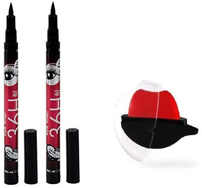 J & F Long Stay Waterproof Black Eyeliner with Apple Shape Red Lipstick(2 Items in the set)