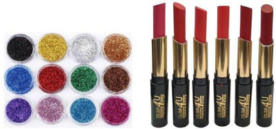 Lenon Beauty 12 Pcs Glitter Powder Eye Shadow/Nail Glitter With 6 Multi color Cream Lipstick(18 Items in the set)
