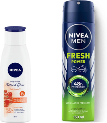NIVEA Natural Glow Cell Repair Lotion - 75ml & Fresh Power Deodorant - 150ml(2 Items in the set)