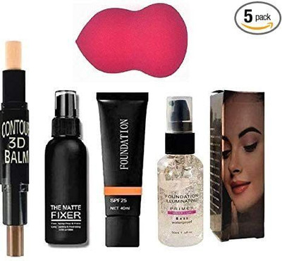YELGO MAKEUP COMBO 1 SPRAY PRIMER,1 CONTOUR STICK, FOUNDATION,SETTING SRAY FIXER, PUFF(5 Items in the set)