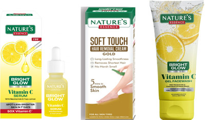 Nature's Bright Glow Vitamin C Serum (12ml)Soft Touch Hair Removal Cream Gold (50g)Bright Glow Vitamin C Face Wash (50ml)(3 Items in the set)