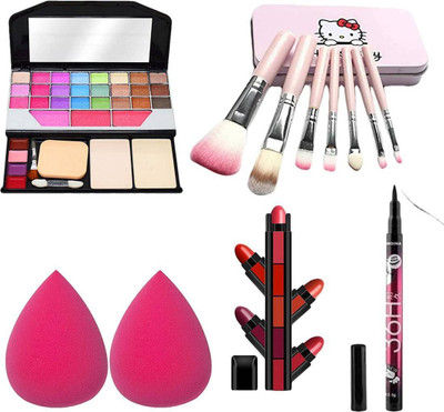 FRIPPE MAKEUP KIT HELLO KITY MAKEUP BRUSH SET PINK BLENDER PUFF EYELINER 5 IN1 LIPSTICK(12 Items in the set)