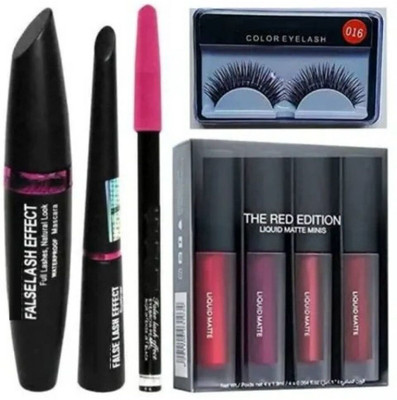 Aziel 3 in 1 waterproof Mascara Eyeliner & Kajal with 4 in1 Lipstick and Eyelash(5 Items in the set)