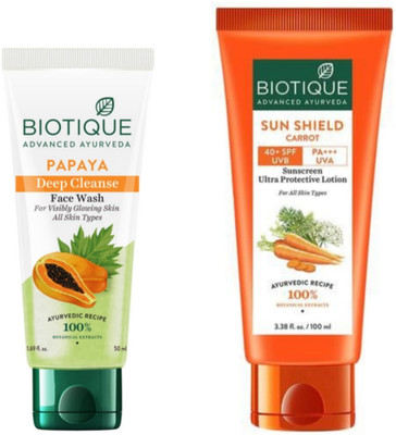 BIOTIQUE Papaya Face Wash 50 ML & Sun Shield Carrot SPF 40+ Lotion 100 ML(2 Items in the set)