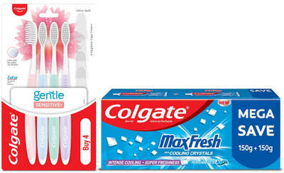Colgate MaxFresh Toothpaste - 300gm (Peppermint Ice), Gentle Sensitive Toothbrush - 4Pcs Toothpaste(300 g, Pack of 2)