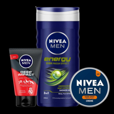 NIVEA Energy 250ml Sg Dep Impact Acne 100ml fw and DSR Creme 30ml Set of 3pcs(3 Items in the set)