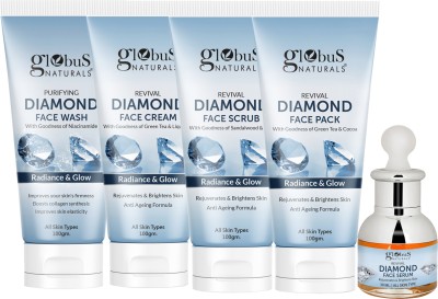 Globus Naturals Shine Boosting Diamond Face Care Combo - Face Wash, Face Cream, Face Scrub, Face Pack & Face Serum(5 Items in the set)