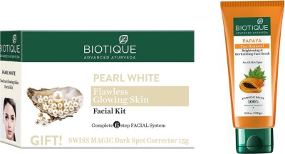 BIOTIQUE Pearl White Facial Kit 65g & Papaya Face Scrub 100 G(2 Items in the set)