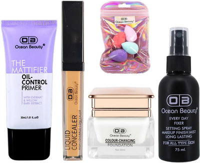 OCEAN BEAUTY HD Waterproof Primer Foundation Concealer Makeup Setting Fixer And Blender Combo Kit Pack Set For Dry Oily Dark Dusky Skin Tone(5 Items in the set)