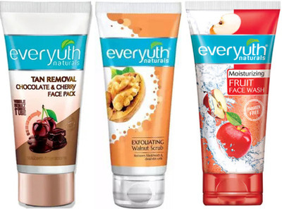 Everyuth Naturals Tan Removal Face Pack, Fruit Face Wash, Walnut Scrub (3X50g)(3 Items in the set)