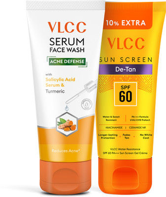 VLCC Salicylic Acid & Turmeric Face Wash 100g + SPF 60 Sunscreen 125g | Acne Control & Protection(2 Items in the set)