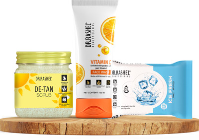 DR.RASHEL De Tan Scrub & Vitamin C Face Wash Ice Fresh Wet Wipes Combo that Brightens the Skin & Removes Tan for Glow(3 Items in the set)