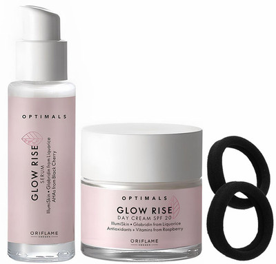 Oriflame Glow Rise Day Cream SPF 20 50 ml with Glow Rise Serum 30 ml with Black Rubber Bands 2 piece(4 Items in the set)