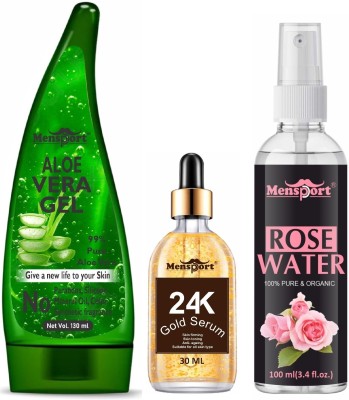 Mensport Multipurpose Aloe Vera Gel 130ml, 24K Gold Face Serum 30ML & Rose Water 100ml(3 Items in the set)