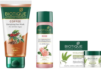 BIOTIQUE COFFEE FACE WASH 150ML & ROSE TONER 120ML & WHEAT GERM CREAM 50G ( AURVEDIC RECEPI FOR ALL SKIN TYPE )(3 Items in the set)