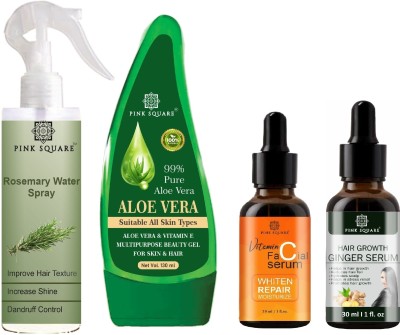 Pink Square Rosemary Spray 100ml, Aloevera Gel 130ml, Vit C Serum 30ml & Hair Serum 30ml(4 Items in the set)