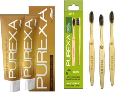 PUREXA Two Probiotic Toothpaste & Three Bamboo Charcoal Soft Toothbrush Combo Pack(2 Items in the set)