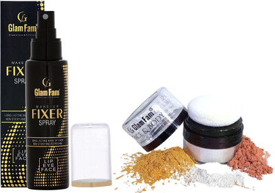 Glam Fam Long lasting makeup Fixer Spray Face Shiny Look|Shimmer Highlighter Powder With Ultra Soft Applicator-Rose gold (Pack Of 2)(2 Items in the set)