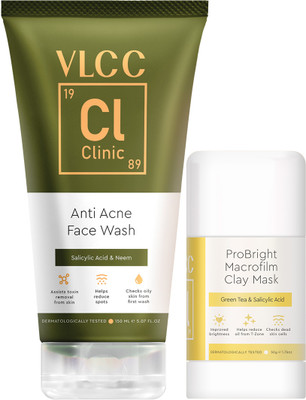 VLCC Clinic Acne and Oil Control Combo for Acne and Oil Control with Face Wash - 150 ml & Clay Mask - 50 g(2 Items in the set)