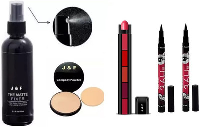 J & F Face Compact, 5 in 1 Red Lipstick,Fixer Spray, Eyeliner ( 2 )(4 Items in the set)