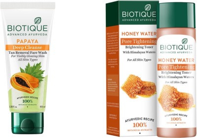 BIOTIQUE Papaya Face Wash 100 ML & Honey Water Pore Tightening Toner 120 ML(2 Items in the set)