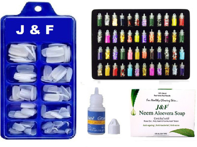 Zailie Arylic fake nails With Glue & 48 Pc Nail Glitter And Natural Neem Soap(4 Items in the set)