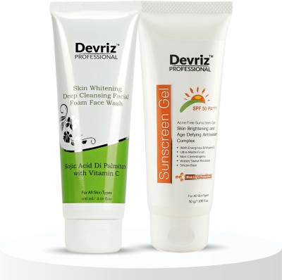 DEVRIZ PROFESSIONAL Skin Whitening Foaming Face Wash With Acne Free Sunscreen Gel (2 Combo Pack)(2 Items in the set)