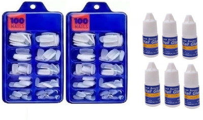 Lusty soul Artificial Nails Set Acrylic Fake false Nails Set Of 200 Pcs Artificial Nails With 6pcs Nail Glue White(8 Items in the set)