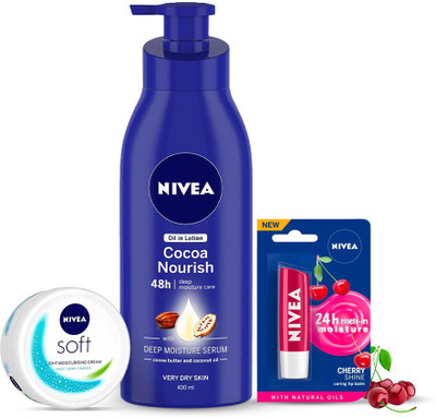 NIVEA BBD Special Combo, Body Lotion 400ml, Moisturiser 200ml, Lip Care Fruity Shine Cherry 4.8g (With Signed Celebrity Card) (3 Items in the set)