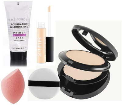 YAWI Gel Long Lasting Primer , Poreless Hide Pores Concealer With Blender And Oil Control Compact(4 Items in the set)