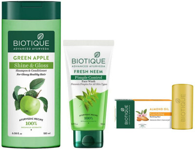 BIOTIQUE Green Apple Shampoo 180ml & Fresh Neem F.W. 100ml & Almond Oil Soap 150gm(3 Items in the set)