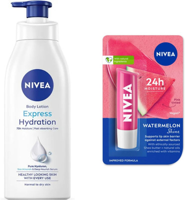 NIVEA EXPRESS HYDRATION BODY LOTION 400 ML & WATERMELON SHINE LIP BALM 4.8G(2 Items in the set)