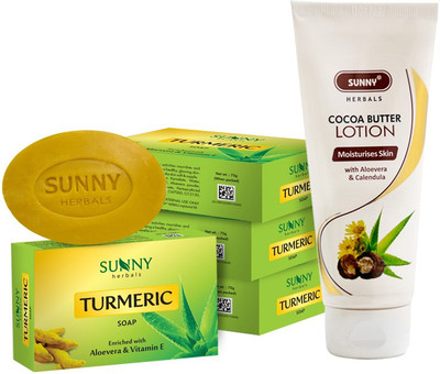 Sunny Herbals Cocoa Butter Lotion 100Ml and Turmeric Soap-75gm x 4(5 Items in the set)