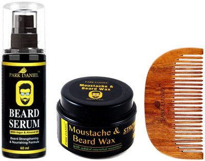 PARK DANIEL Combo Pack of Beard Growth Serum 60ml,Moustache & Beard Wax 50gm & Handcrafted Wooden Beard Comb(3 Items in the set)