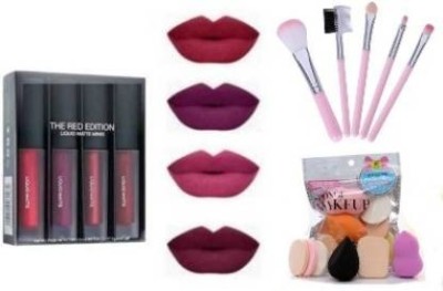 wryak MATTE MINI LIPSTICK + 5 PC. BRUSH SET + 5 BLENDER PUFF(10 Items in the set)