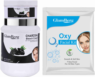 Glamberg Charcoal Bleach Cream With Activator + Oxy Facial Kit 5 in 1(2 Items in the set)